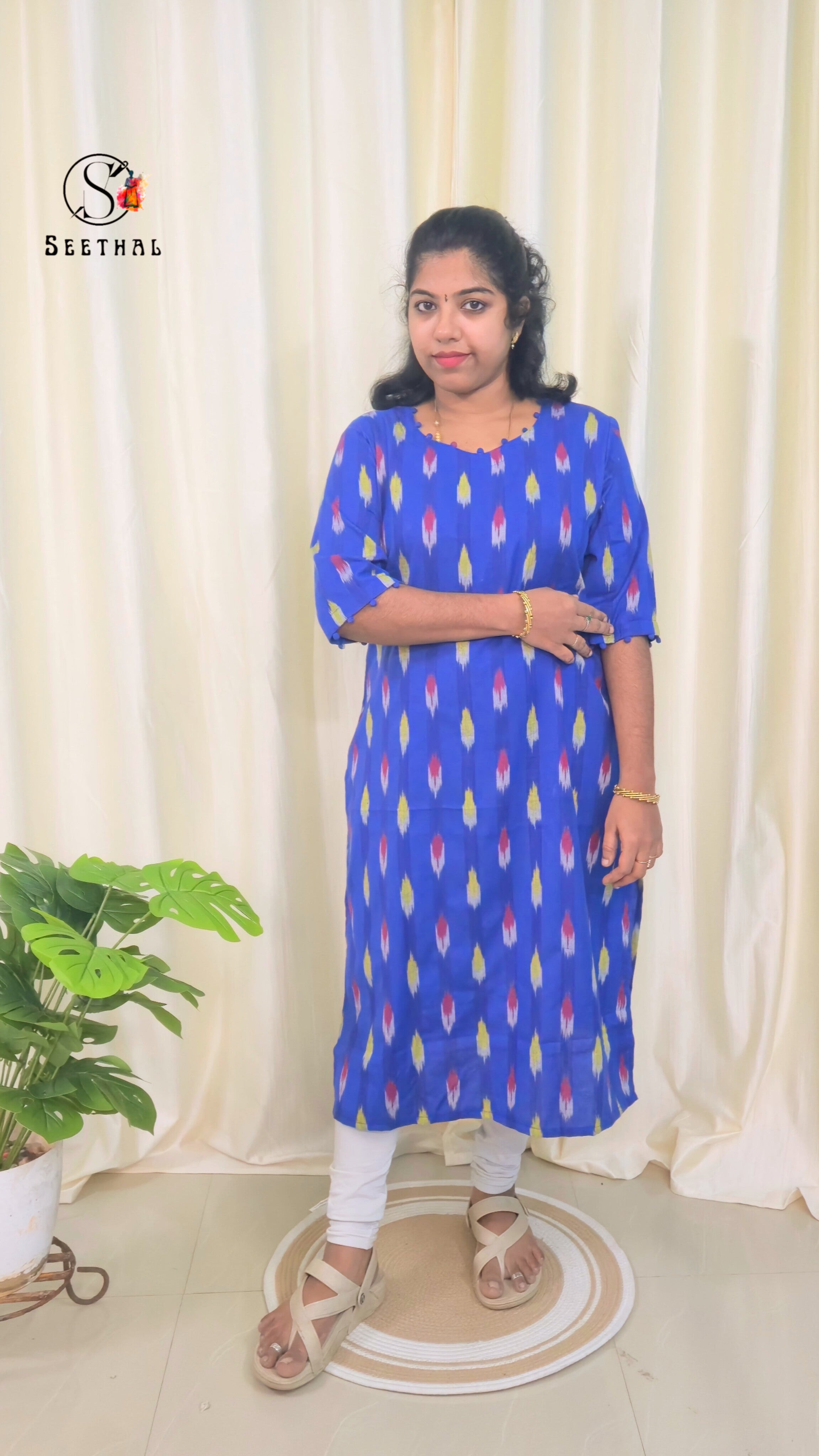 Royal Blue Ikkat Cotton Side Slit Kurti with Adjustable Back Corset