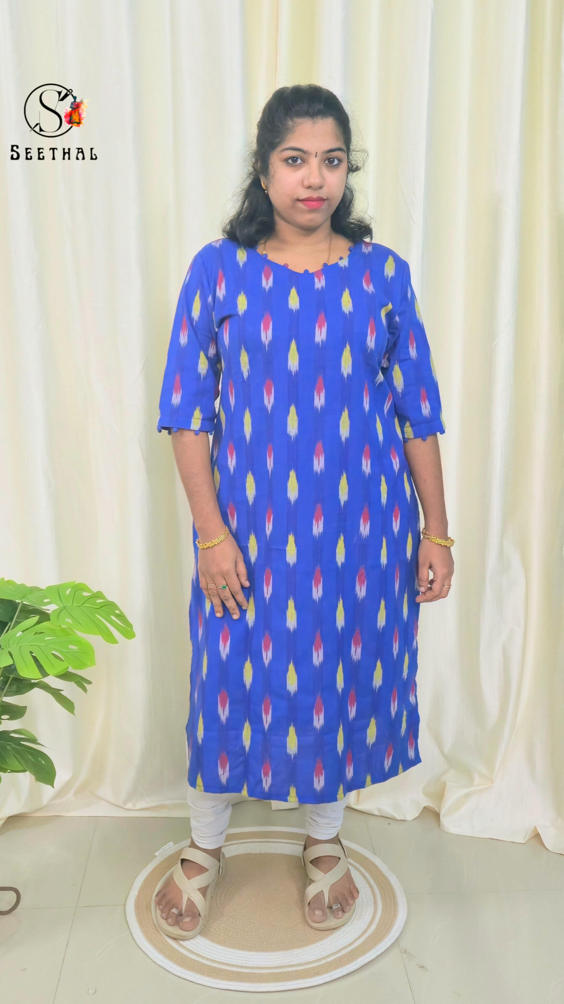 Royal Blue Ikkat Cotton Side Slit Kurti with Adjustable Back Corset