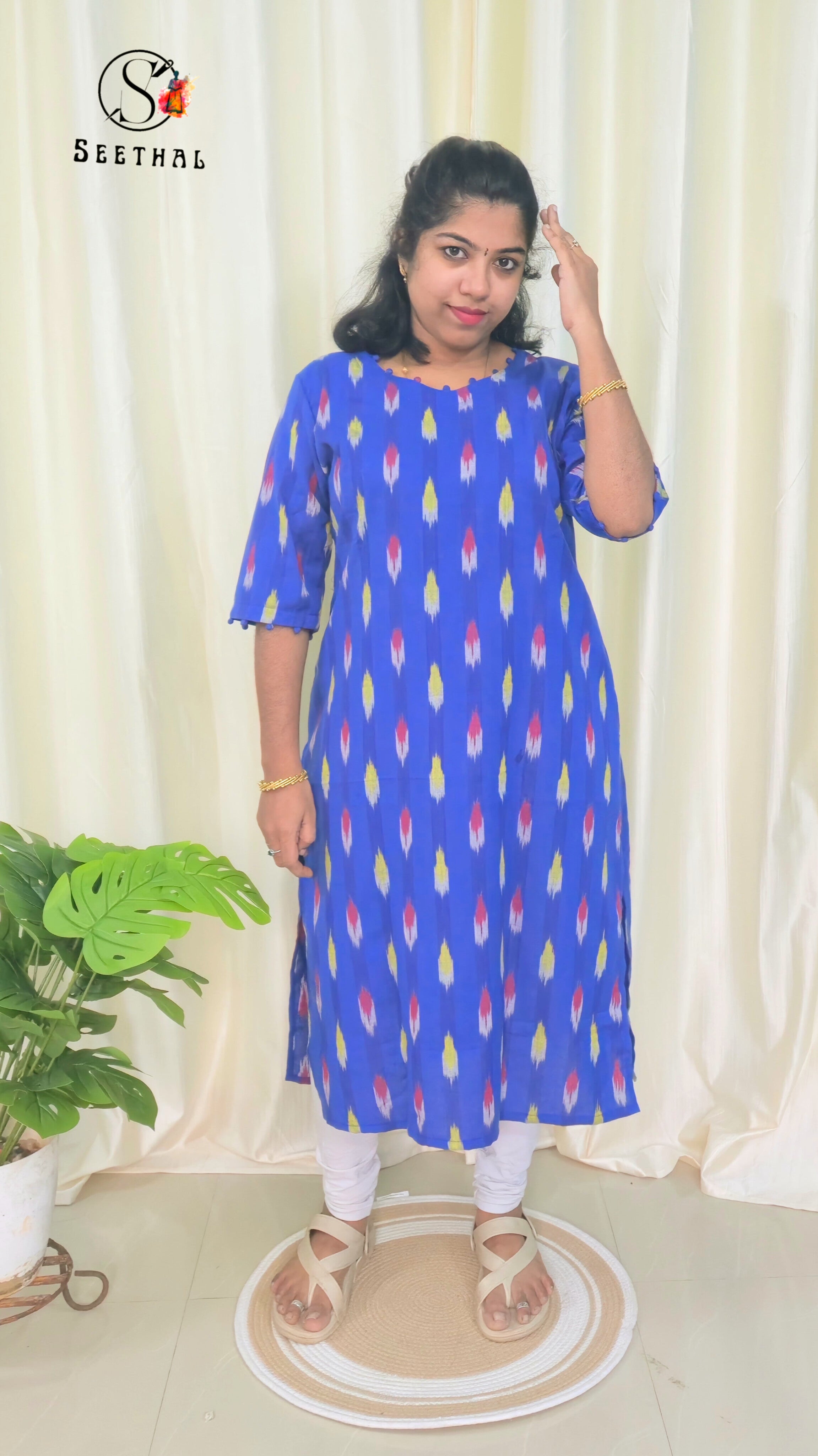 Royal Blue Ikkat Cotton Side Slit Kurti with Adjustable Back Corset