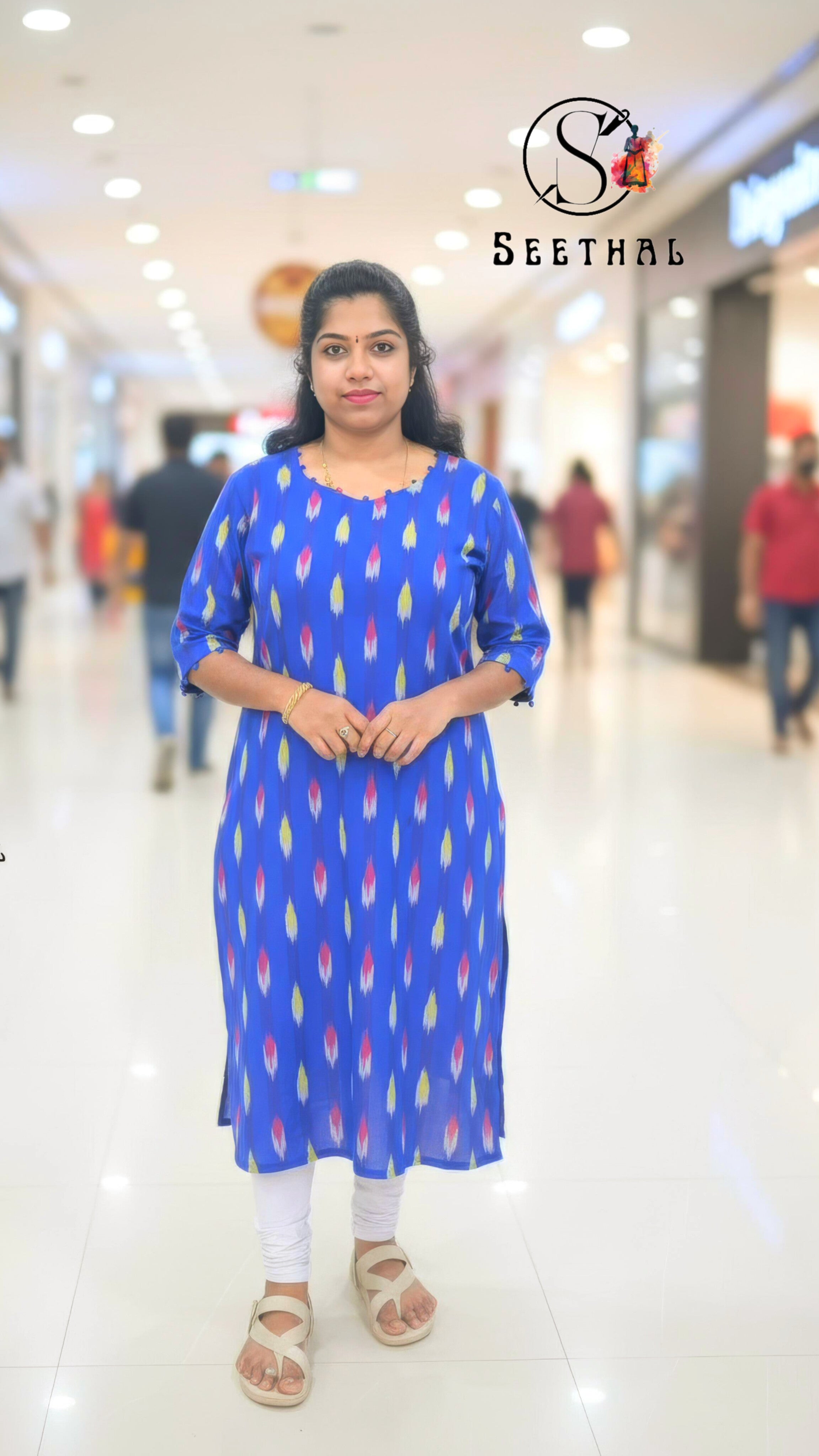 Royal Blue Ikkat Cotton Side Slit Kurti with Adjustable Back Corset