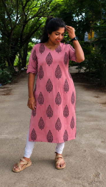 Dusted Pink Bagru Handblock Side Slit Kurta -  Customization