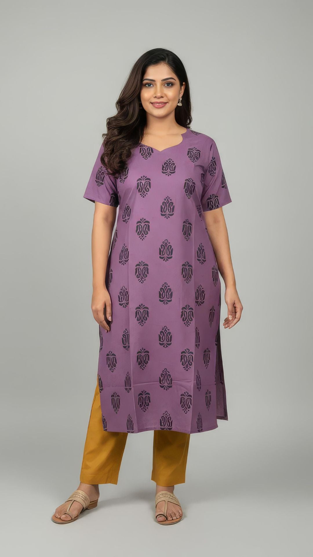 Purple Cotton Half Sleeve Kurti | 40–42 Inch Length | Comfort Fit with 4-Inch Hip Ease | Sizes S to 5XL