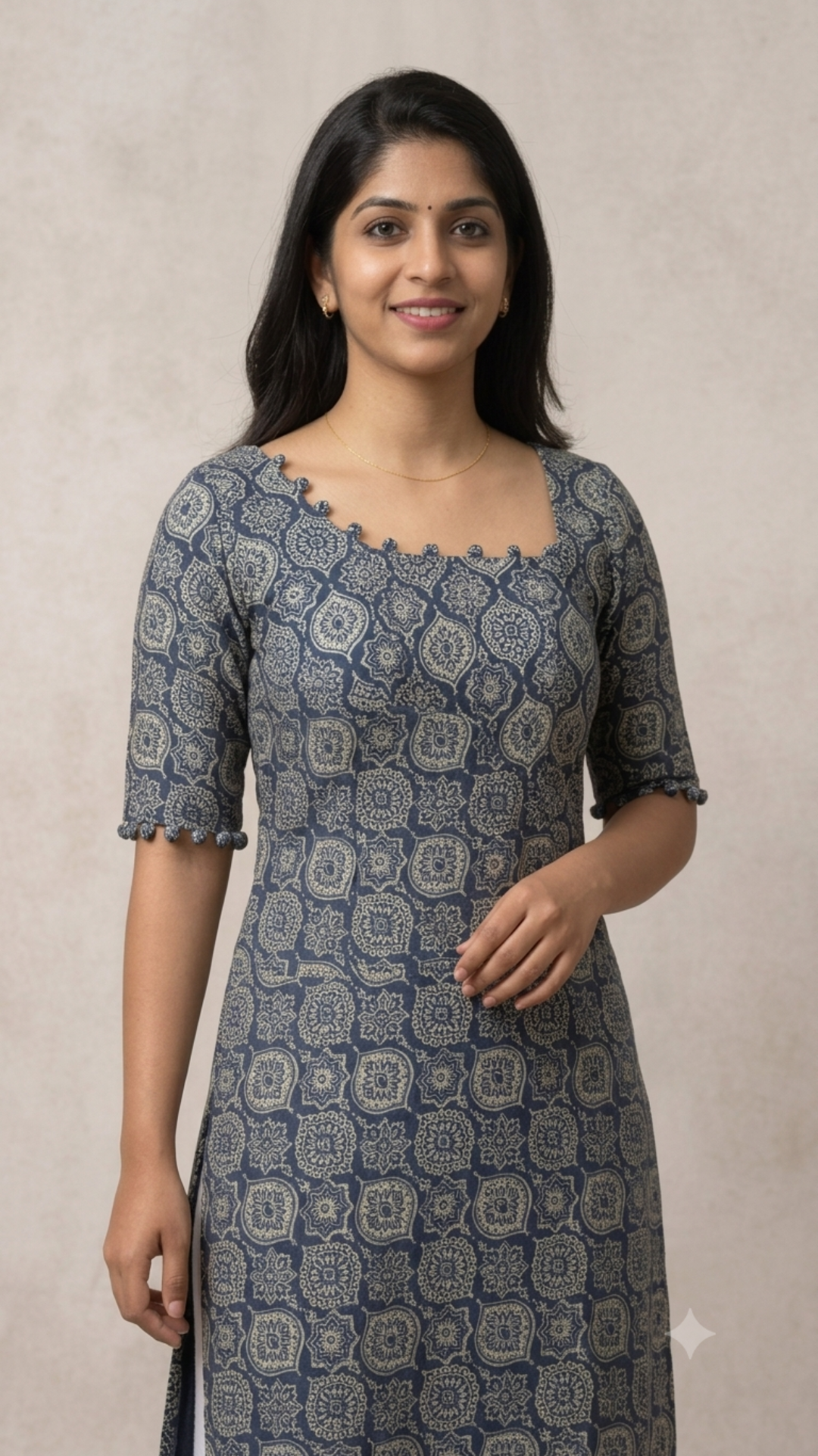 Navy Blue Ajrakh Cotton Side Slit Kurta