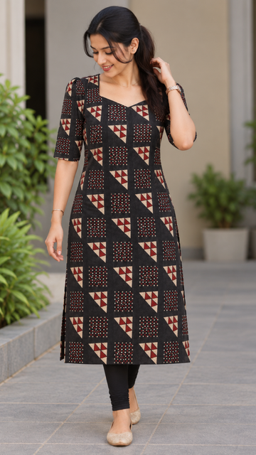 Black Ajrakh Cotton Side Slit Kurta