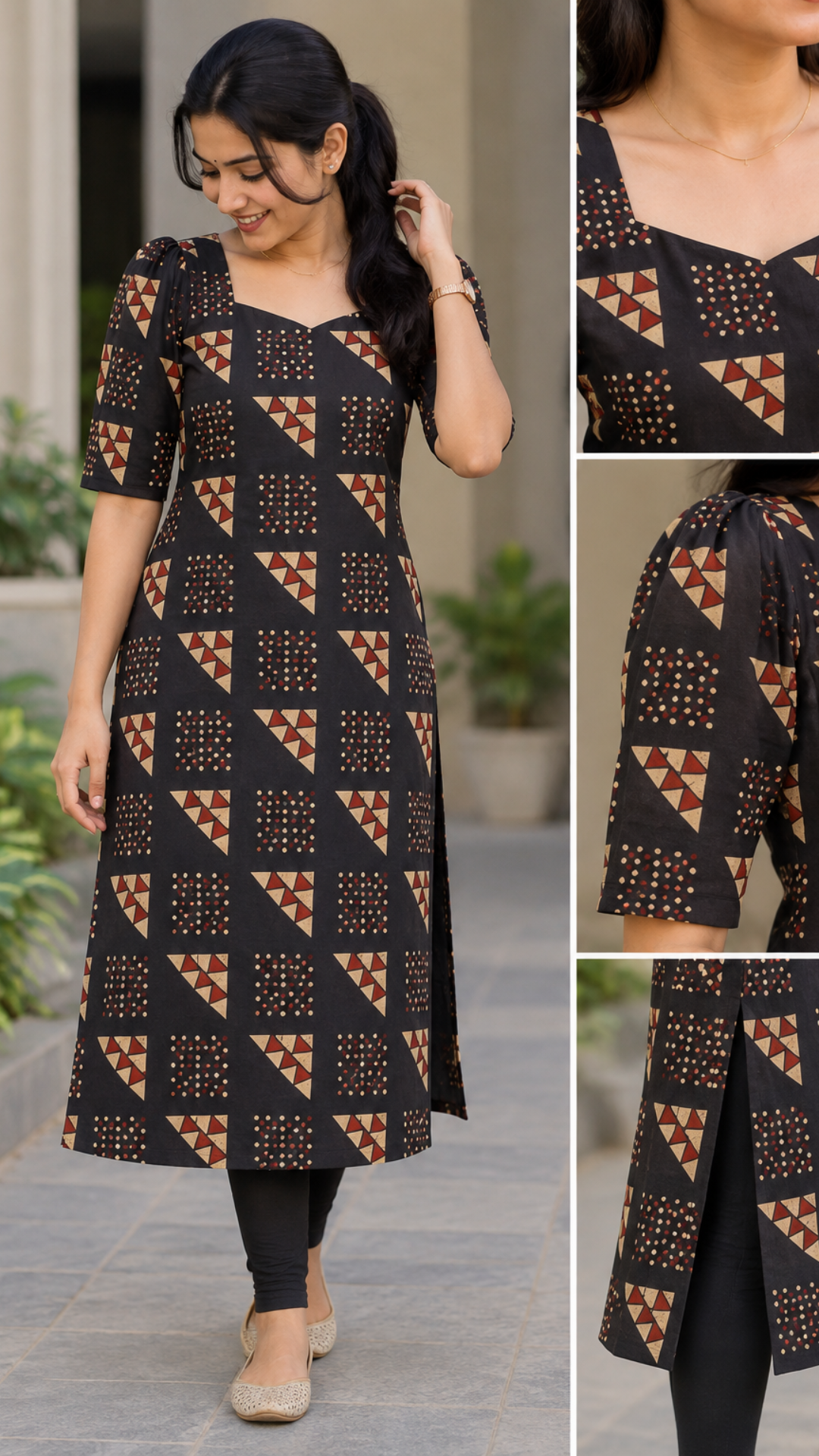 Black Ajrakh Cotton Side Slit Kurta