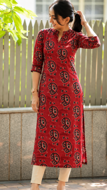 Red Ajrakh Cotton Side Slit Kurta