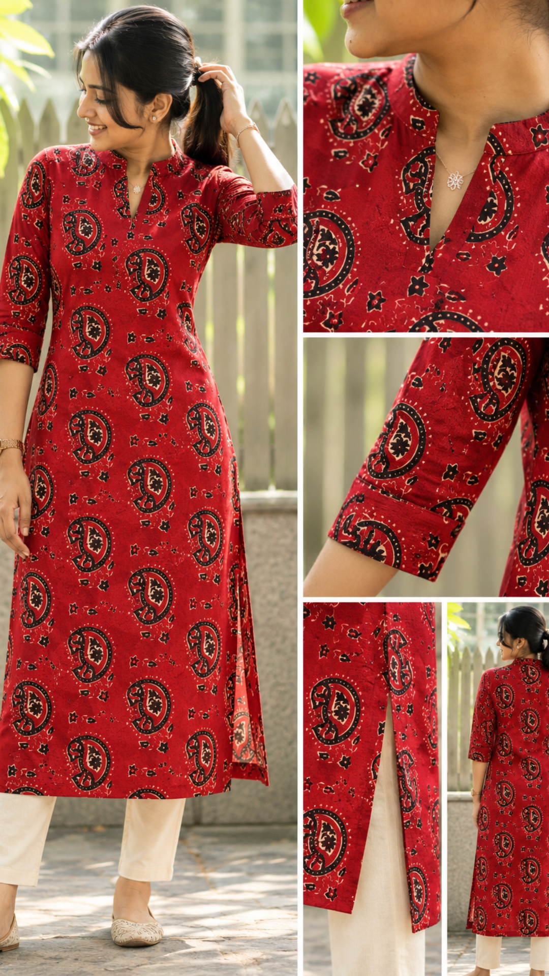 Red Ajrakh Cotton Side Slit Kurta
