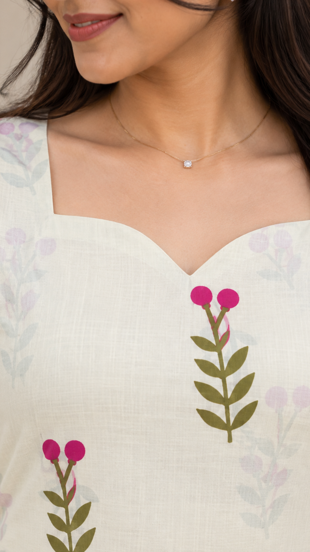 Cream Cherry Blossom Cotton Side Slit Kurta