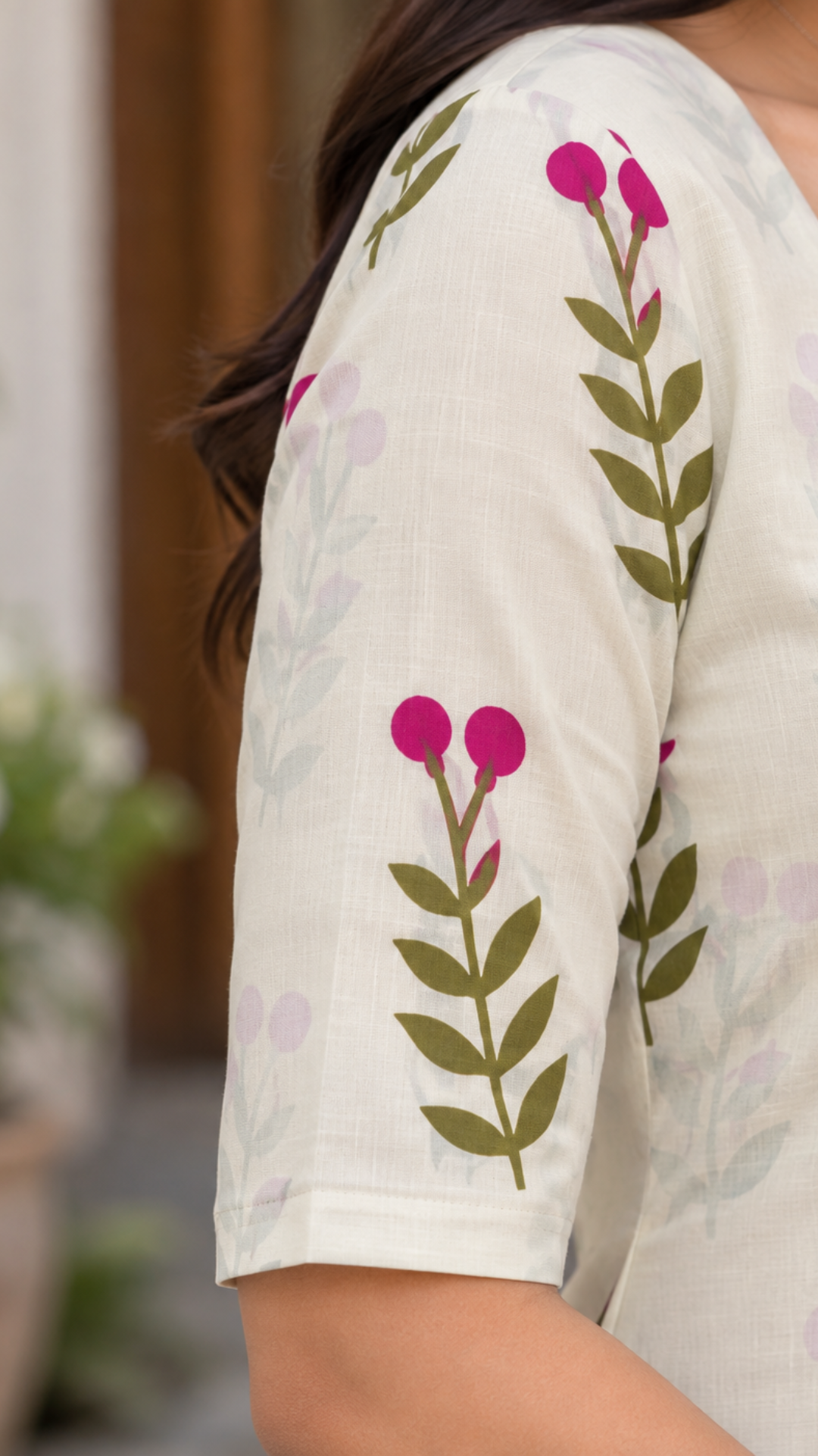 Cream Cherry Blossom Cotton Side Slit Kurta
