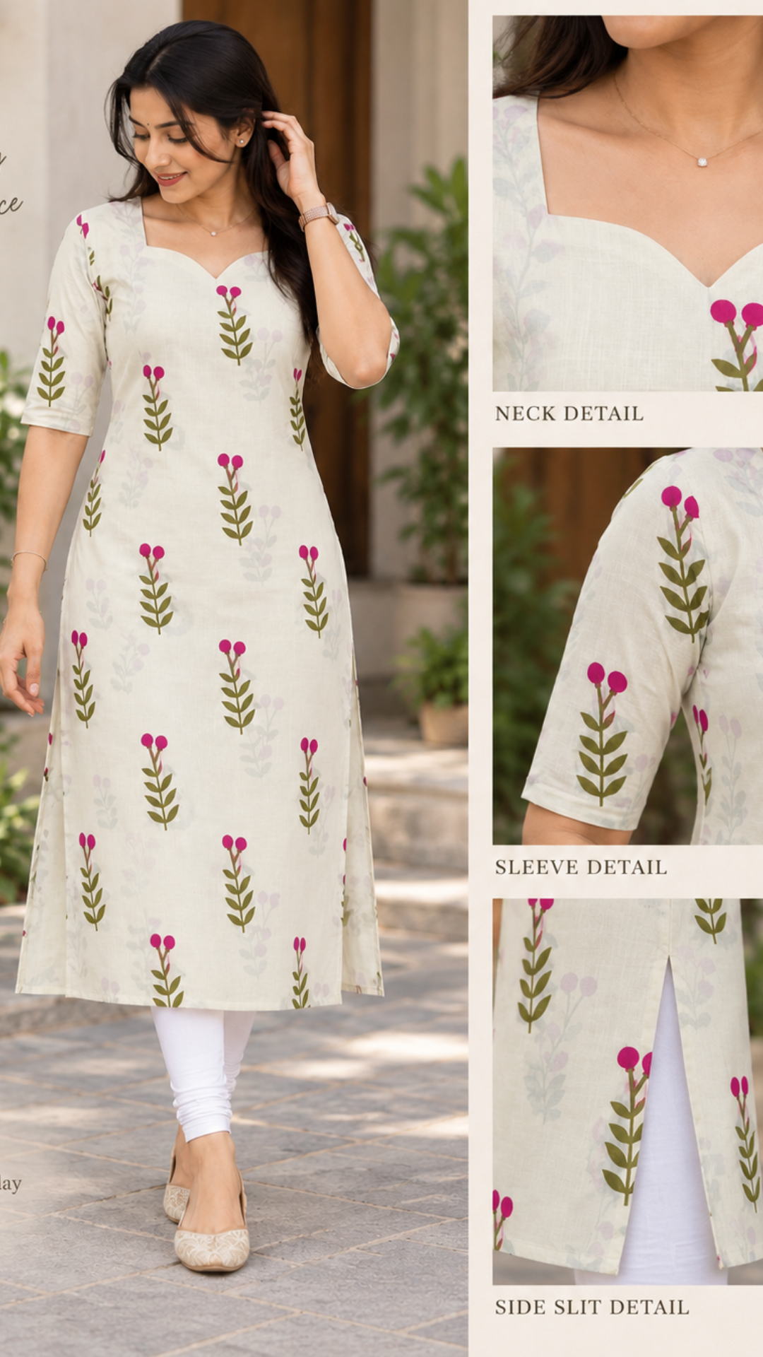 Cream Cherry Blossom Cotton Side Slit Kurta