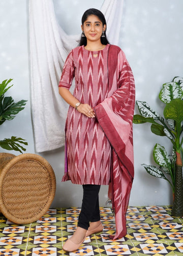 Maroon Ikkat Cotton Lining Kurti with Dupatta