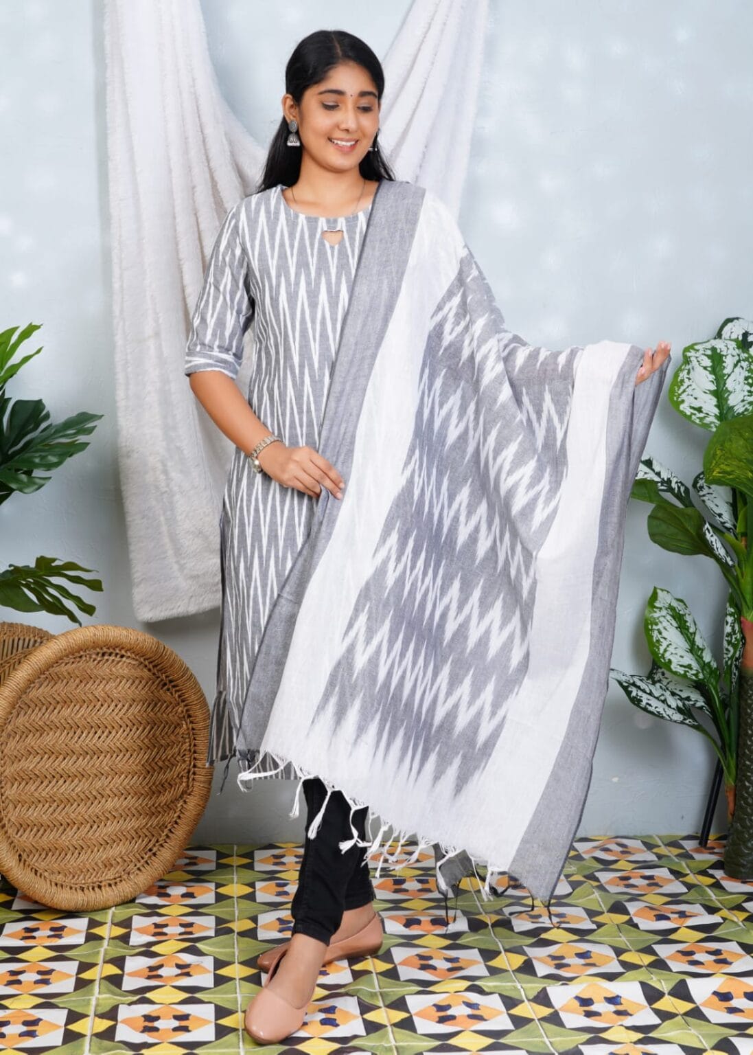 Grey Ikkat Cotton Lining Kurti with Dupatta