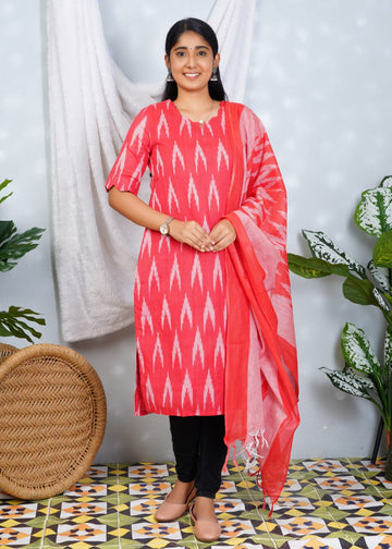 Grey Ikkat Cotton Lining Kurti with Dupatta
