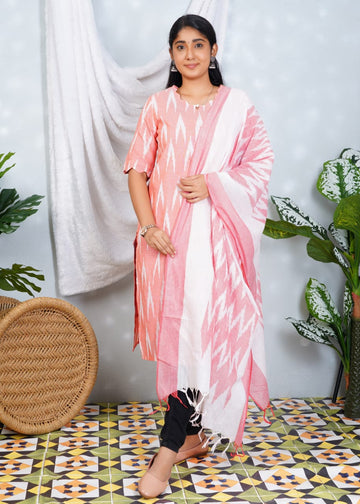 Light Peach Ikkat Cotton Lining Kurti with Dupatta
