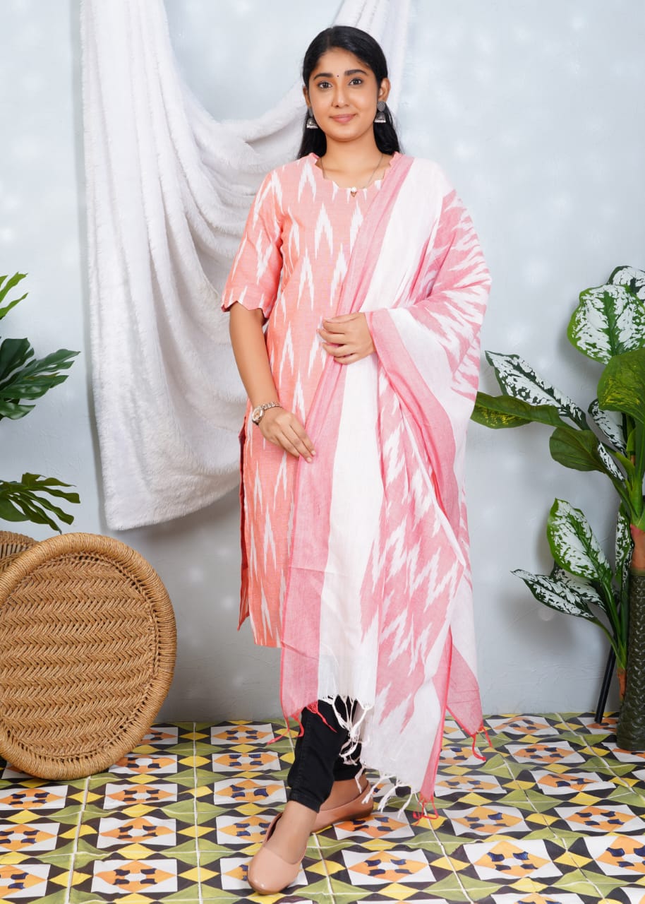 Light Peach Ikkat Cotton Lining Kurti with Dupatta