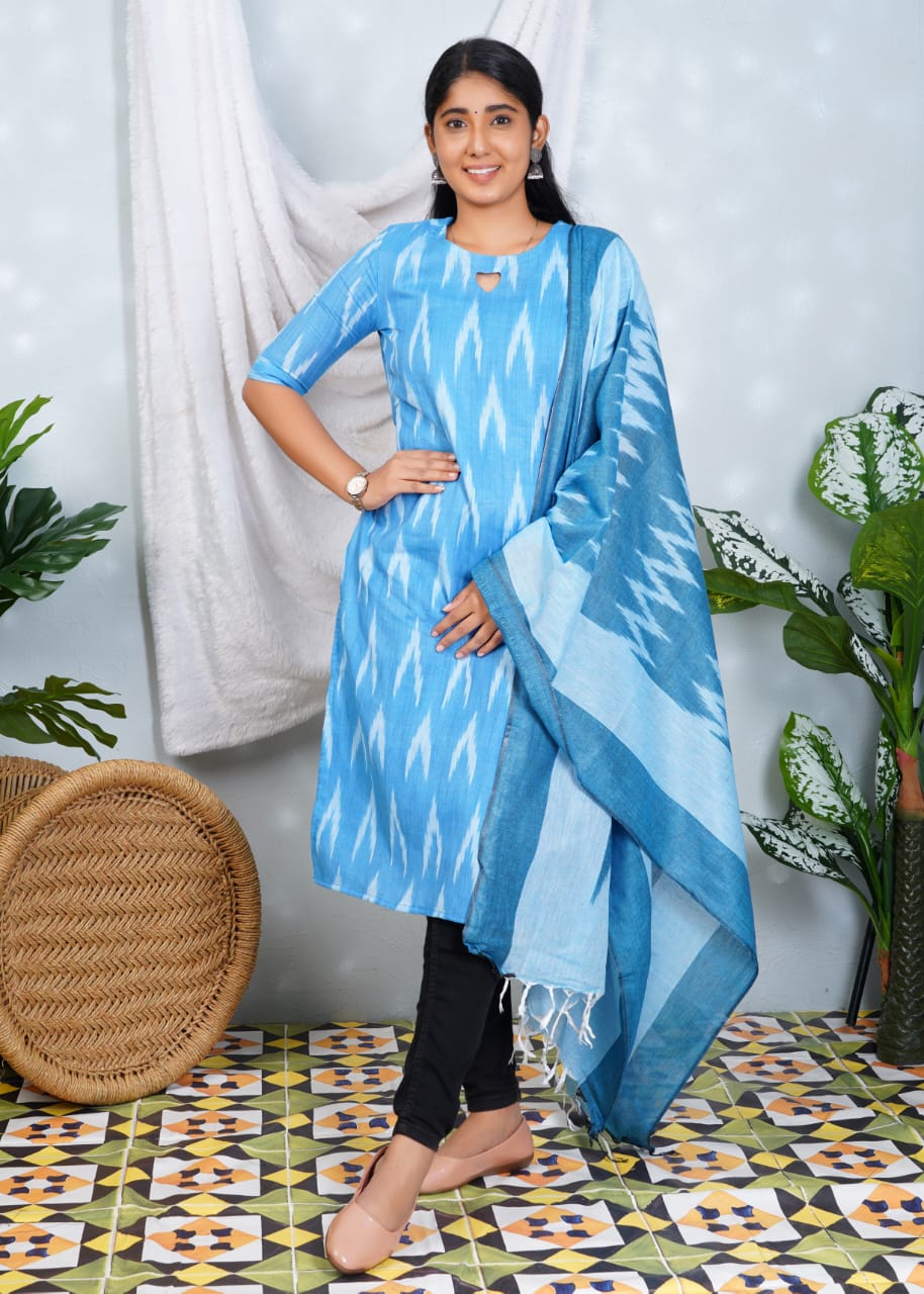 Light Blue Ikkat Cotton Lining Kurti with Dupatta