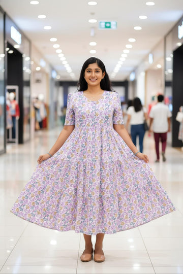 Lavender Hand Block Kantha Cotton Maxi Dress