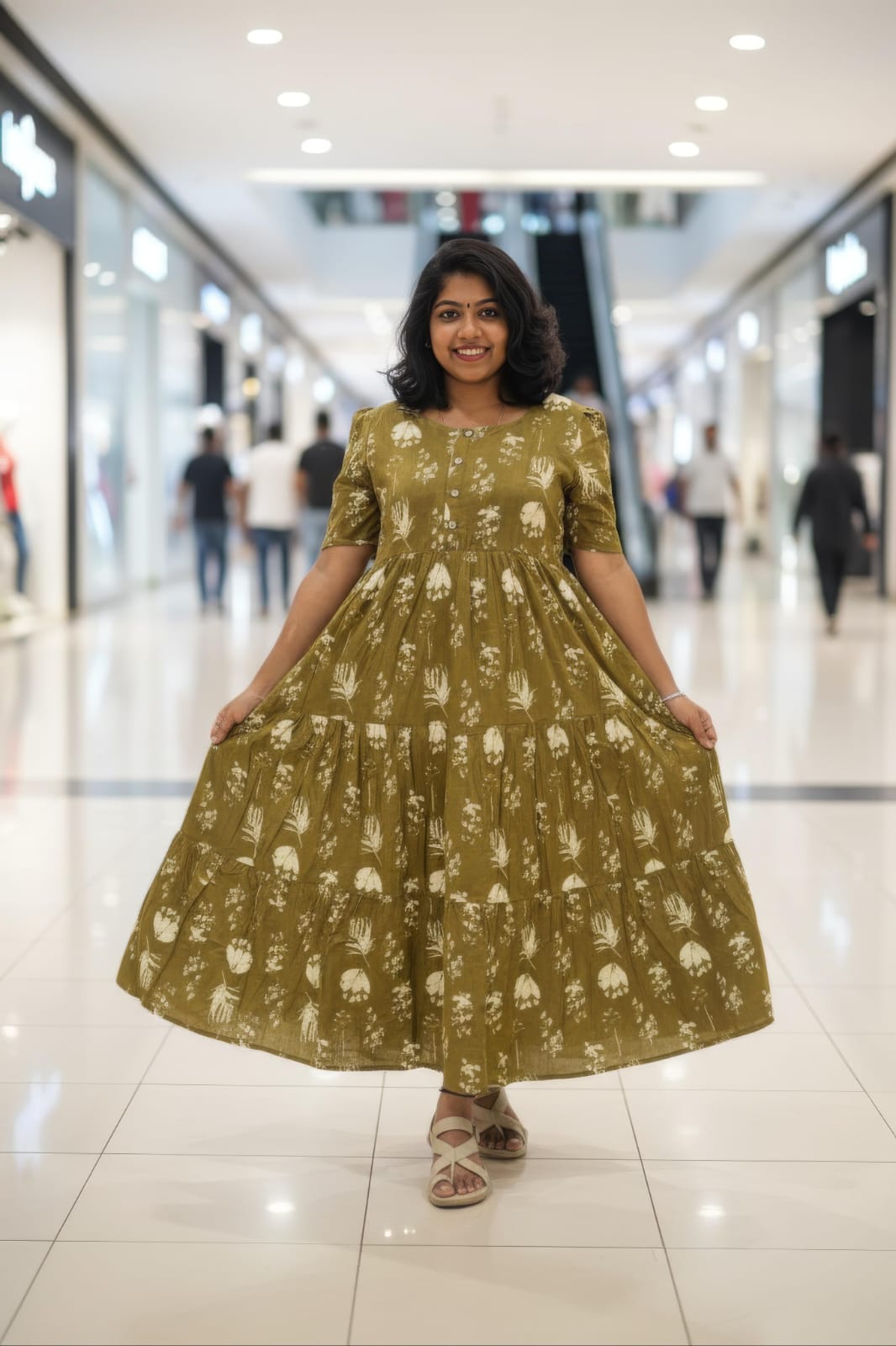 Olive Green Hand Block Printed Cotton Maxi Dress