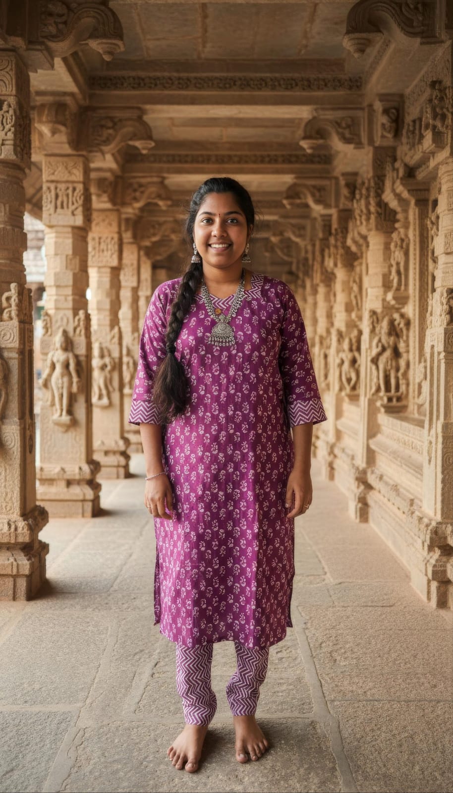 Majenta Hand Block Printed Cotton Side Slit Kurta Set