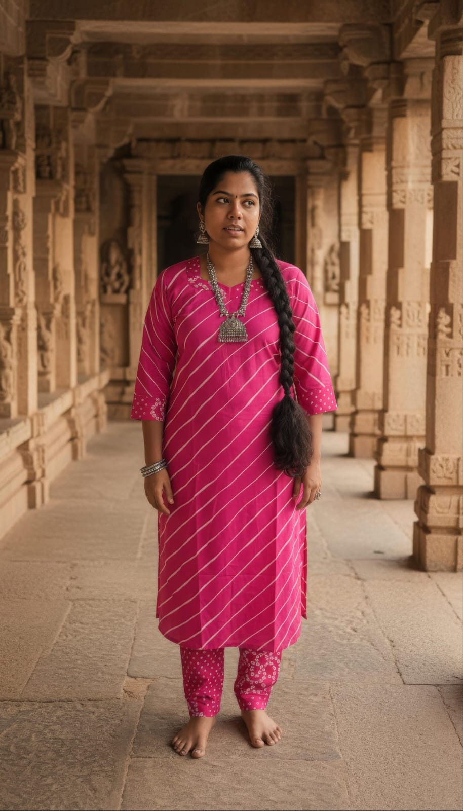 Rani Pink Hand Block Printed Cotton Side Slit Kurta Set