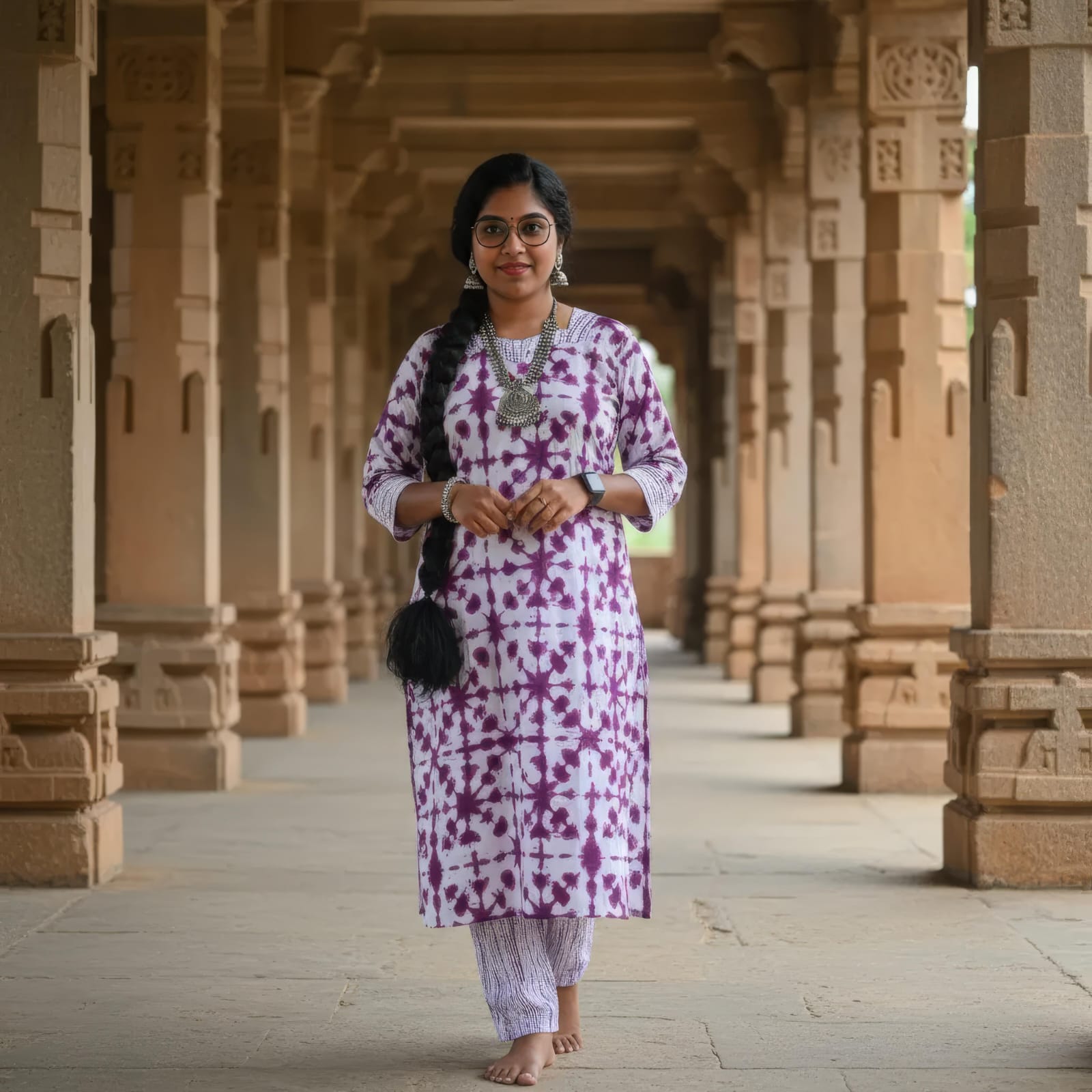 White Hand Block Printed Cotton Side Slit Kurta Set