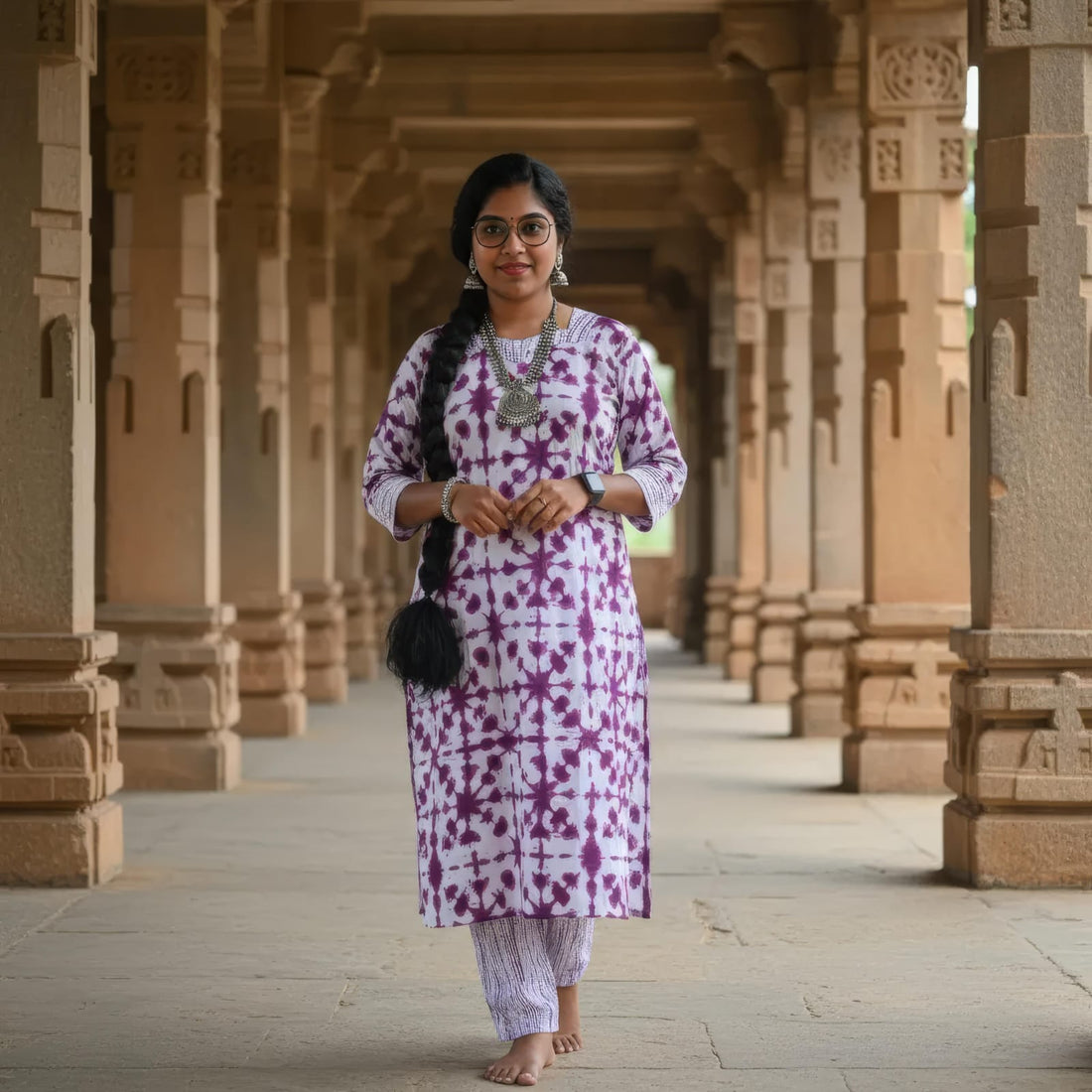 White Hand Block Printed Cotton Side Slit Kurta Set
