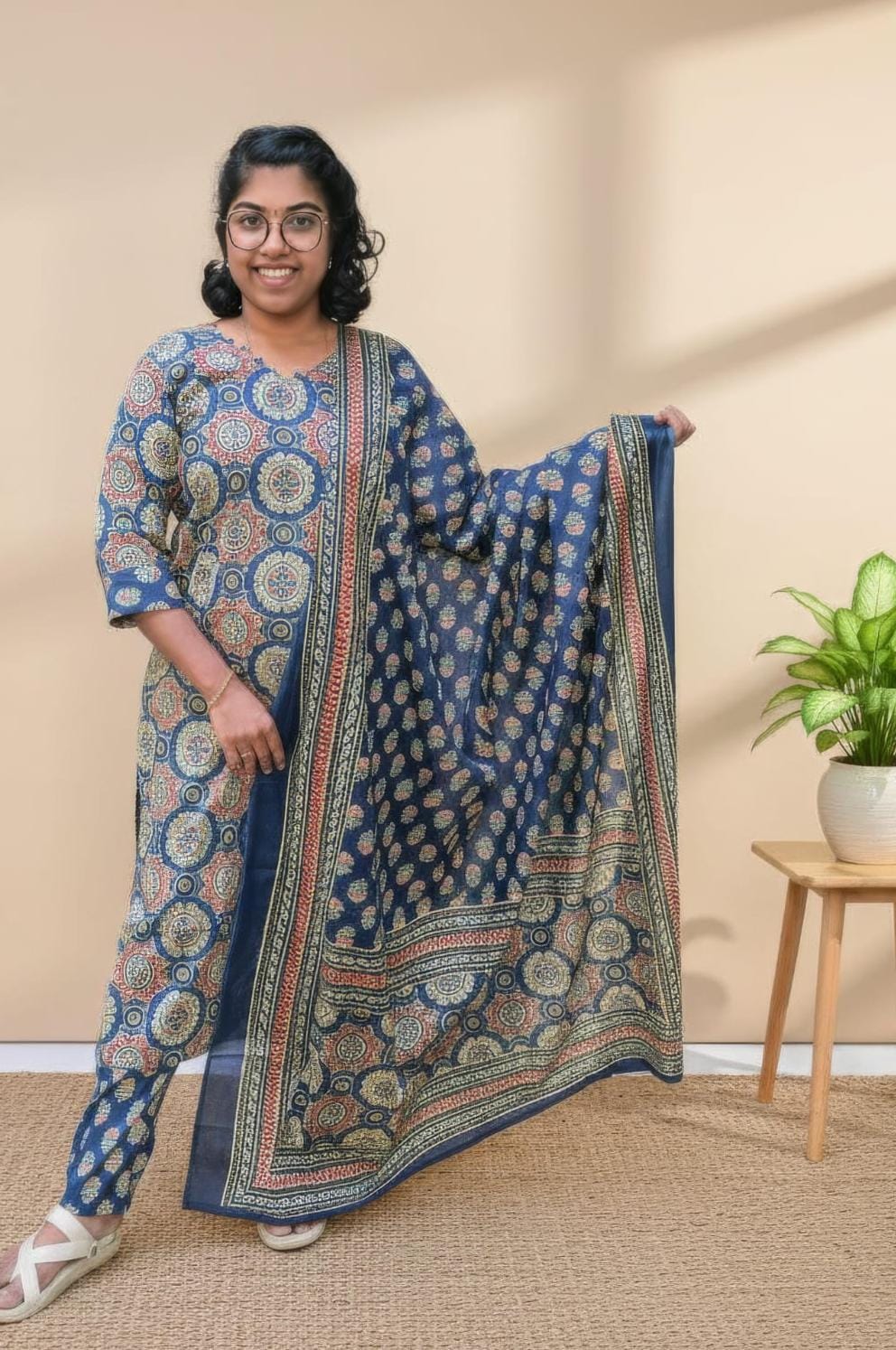 Navy Blue Hand Block Printed Cotton Side Slit Kurta Set