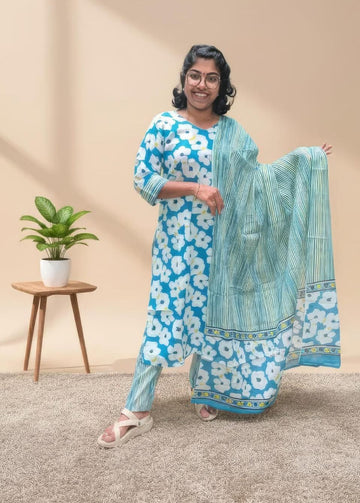 Aqua Blue Hand Block Printed Cotton Kurta Set