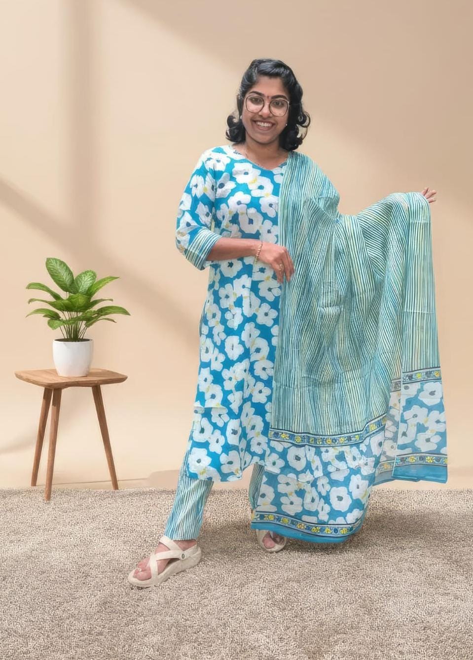 Aqua Blue Hand Block Printed Cotton Kurta Set