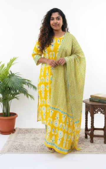 Yellow Hand Block Printed Cotton Side Slit Kurta Set