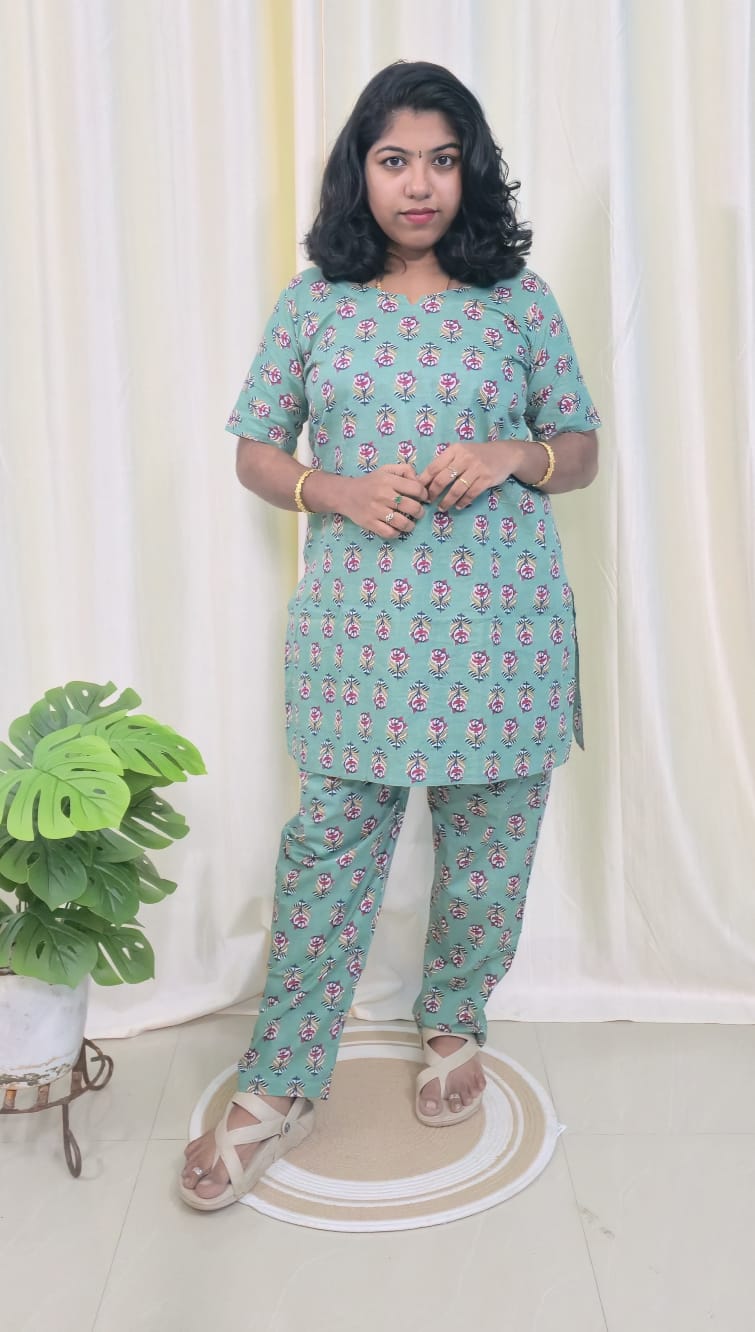 Blue Printed Cotton Mid Length Kurti with Trouser Co-Ord Set