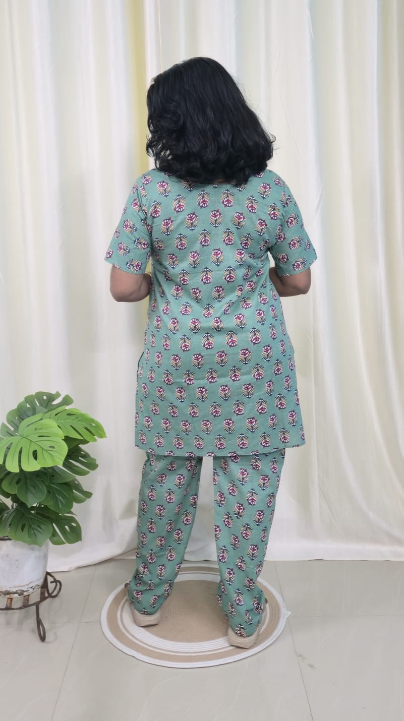 Blue Printed Cotton Mid Length Kurti with Trouser Co-Ord Set