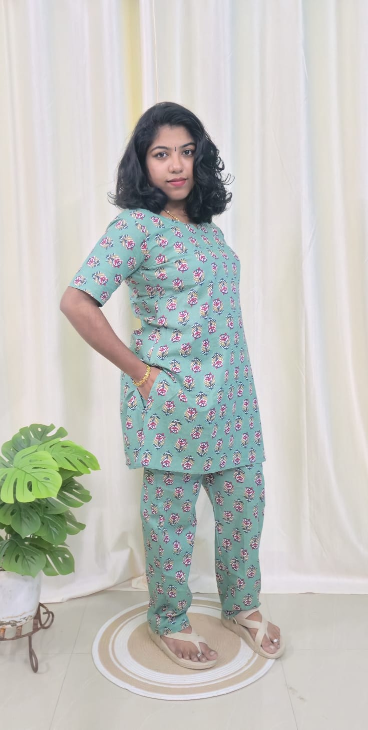 Blue Printed Cotton Mid Length Kurti with Trouser Co-Ord Set