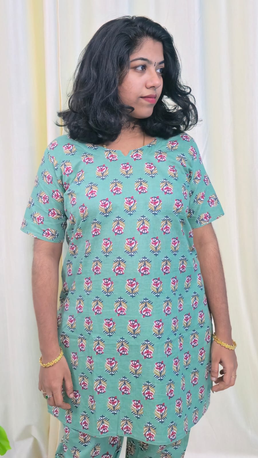 Blue Printed Cotton Mid Length Kurti with Trouser Co-Ord Set