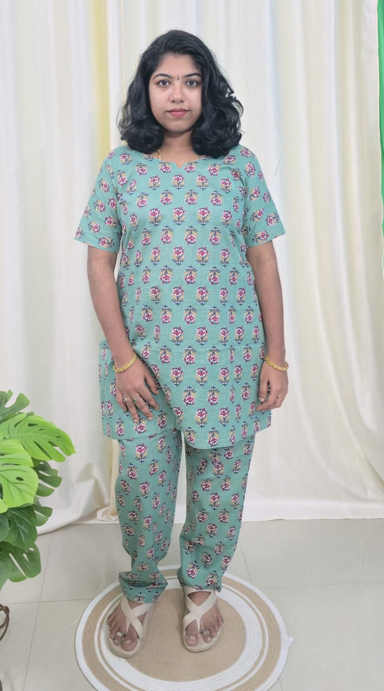 Light Teal Green Hand Block Printed Cotton Lounge Wear