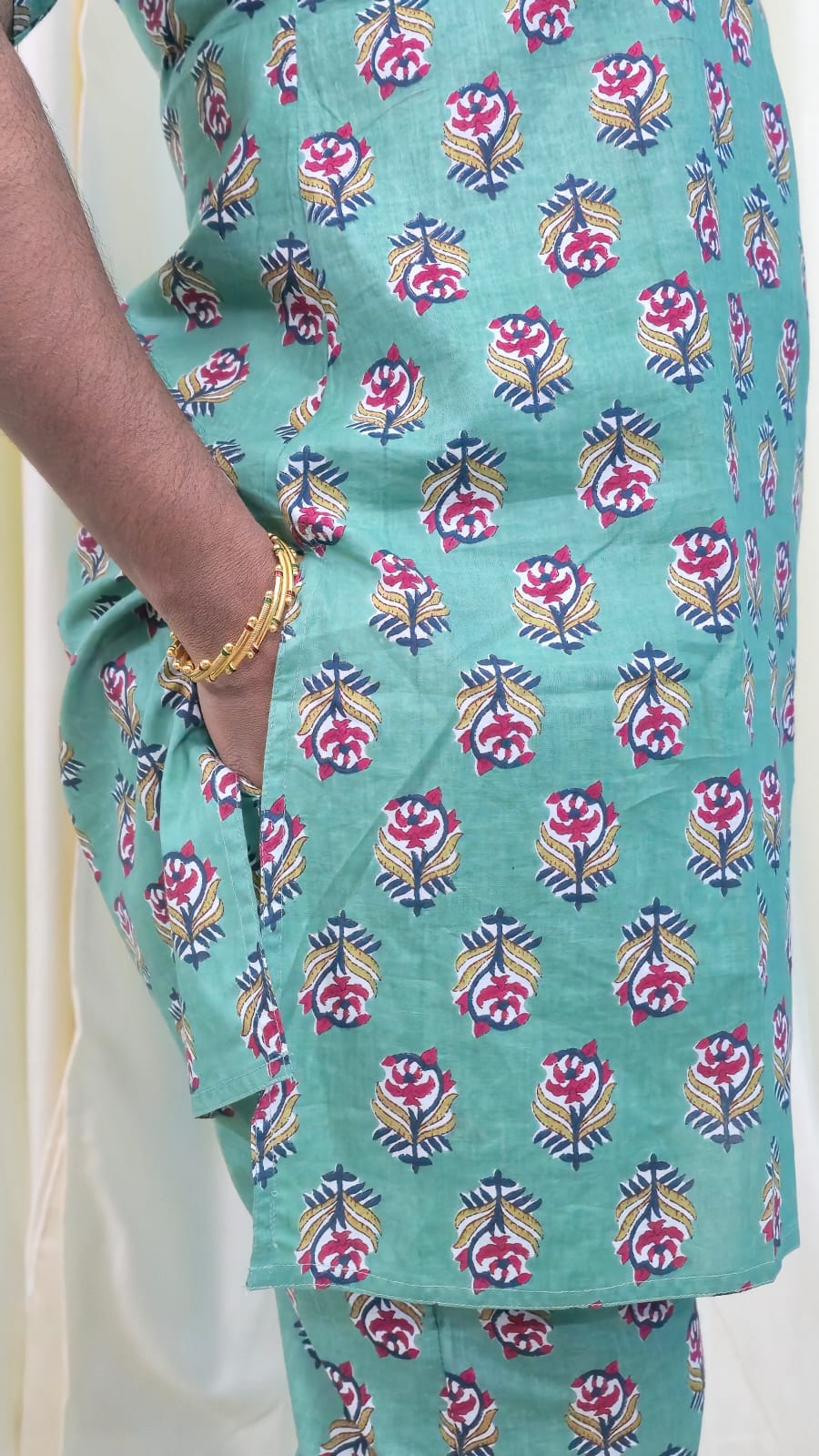 Blue Printed Cotton Mid Length Kurti with Trouser Co-Ord Set