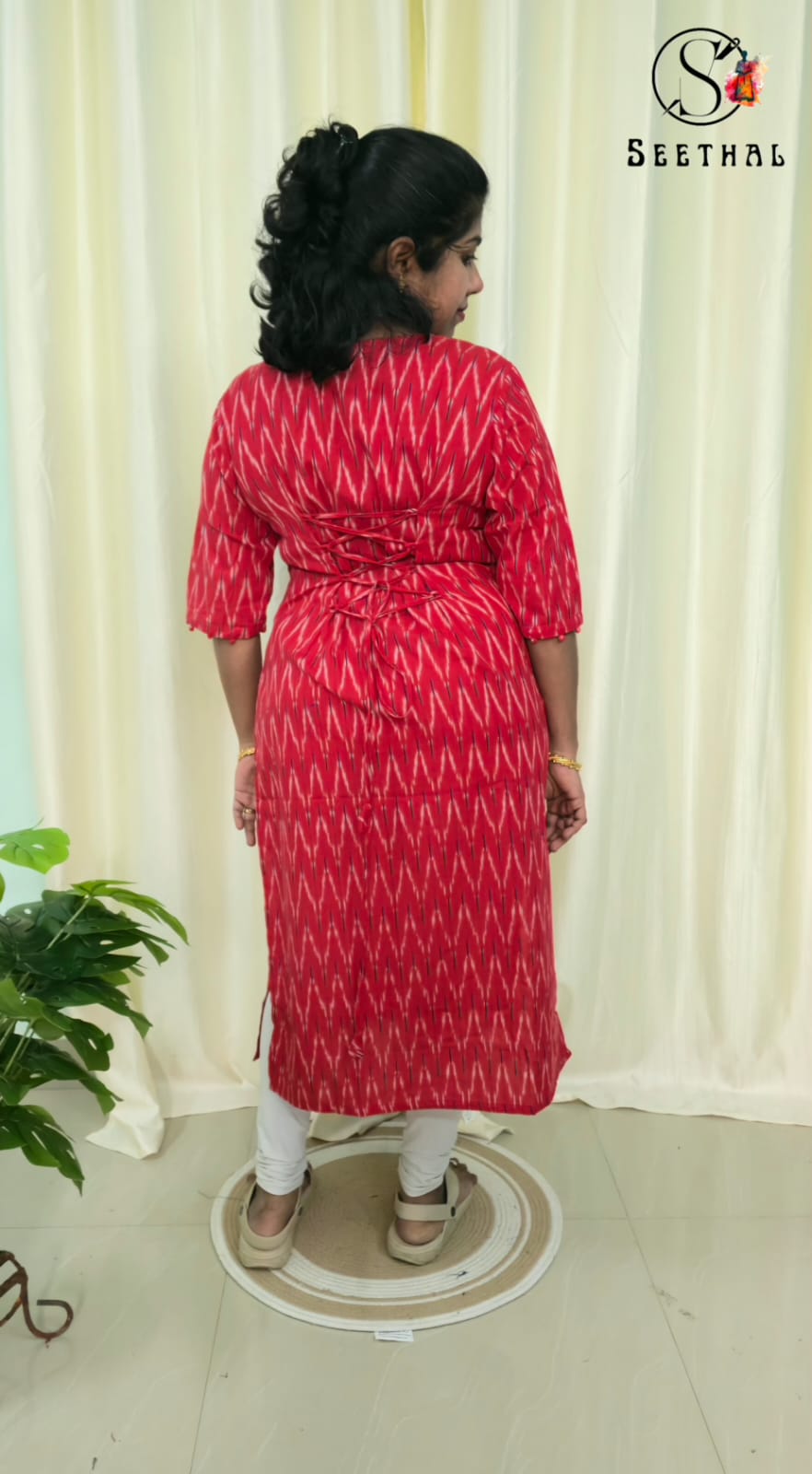 Red Ikkat Cotton Side Slit Kurti with Adjustable Back Corset