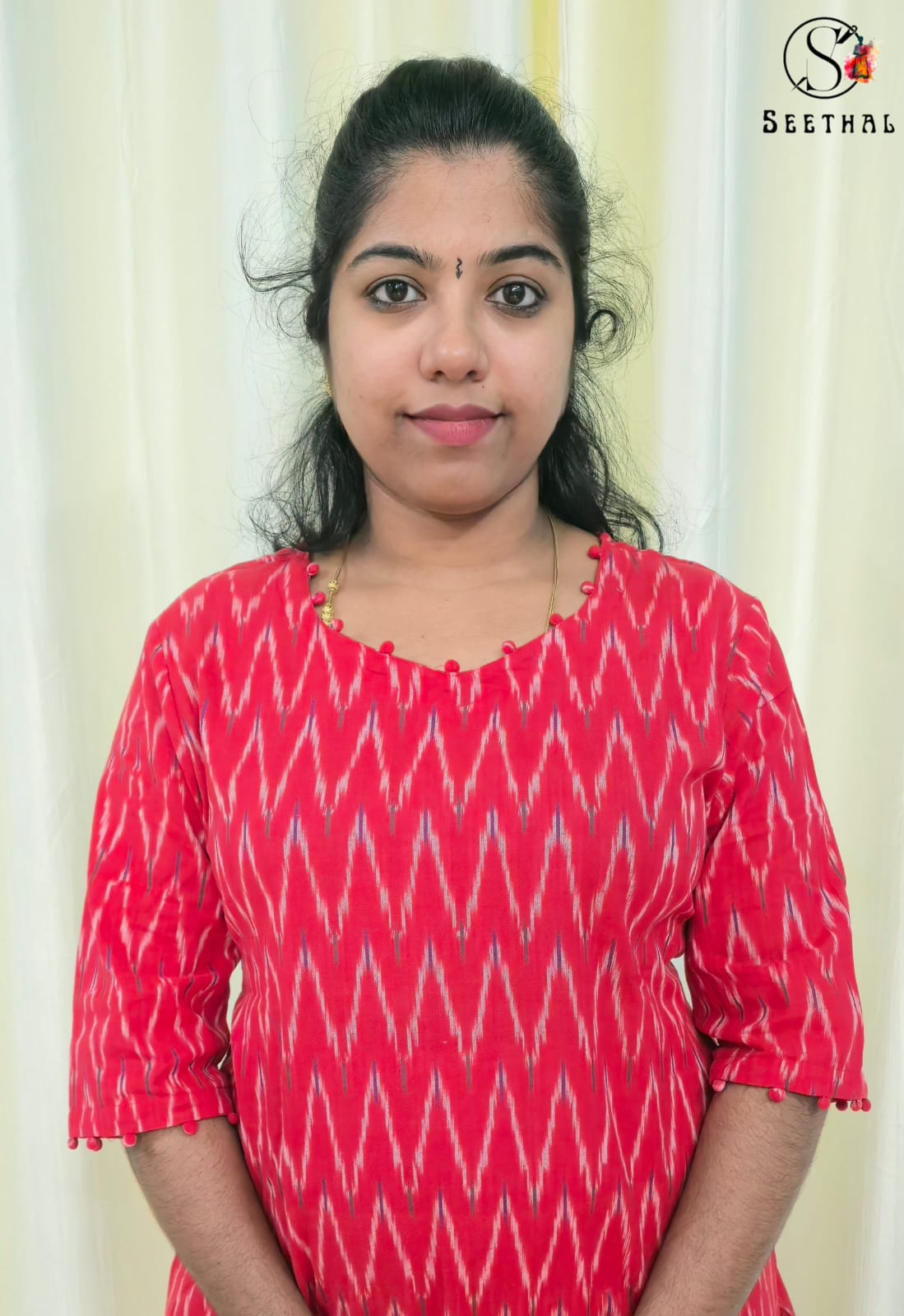 Red Ikkat Cotton Side Slit Kurti with Adjustable Back Corset