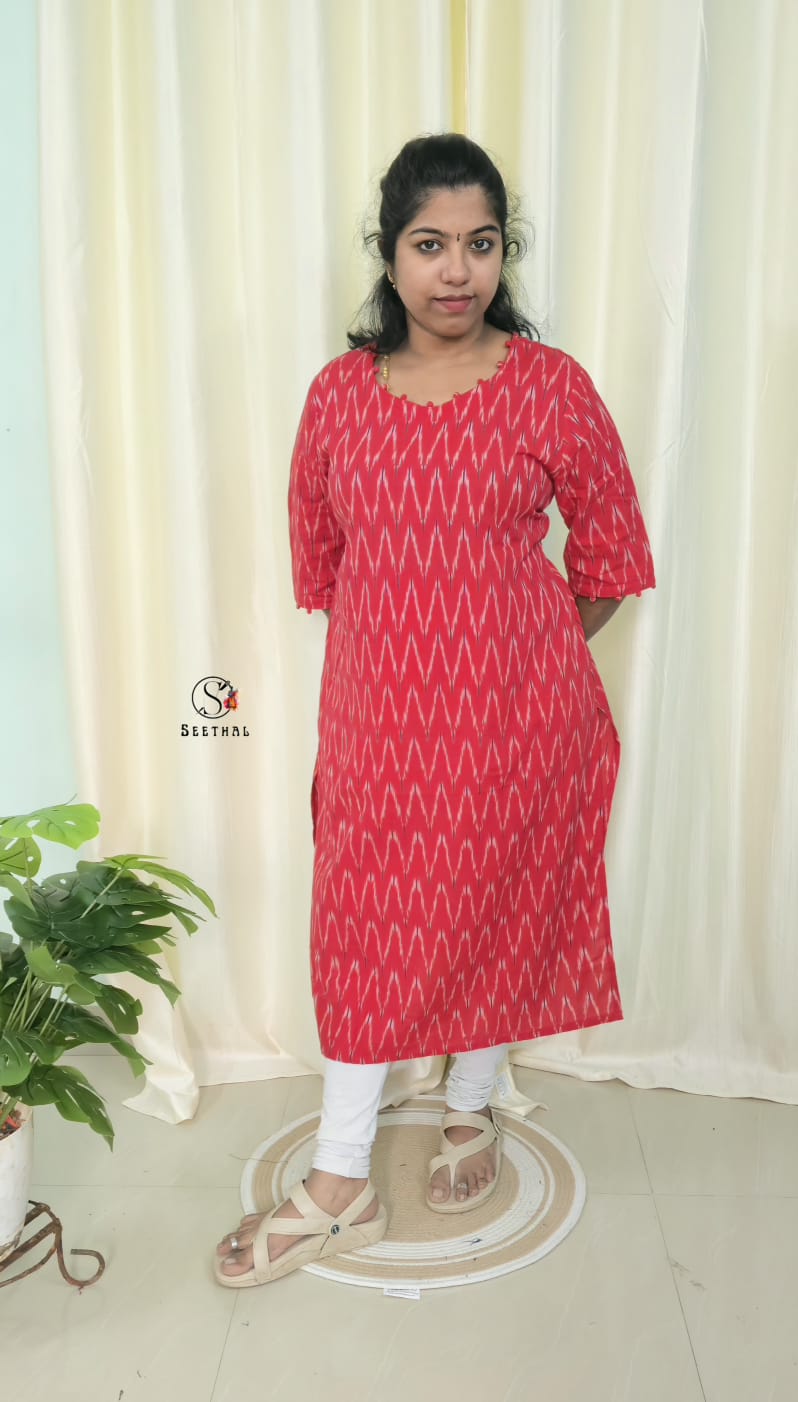 Red Ikkat Cotton Side Slit Kurti with Adjustable Back Corset