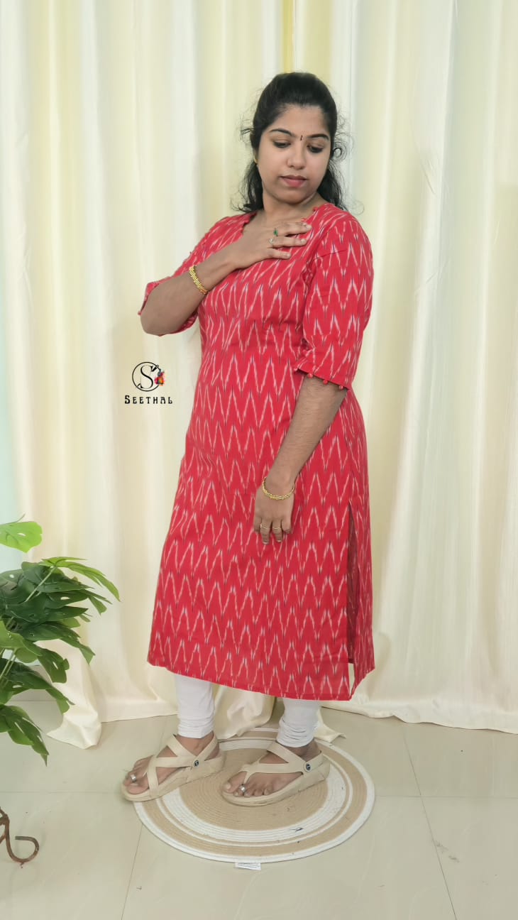 Red Ikkat Cotton Side Slit Kurti with Adjustable Back Corset
