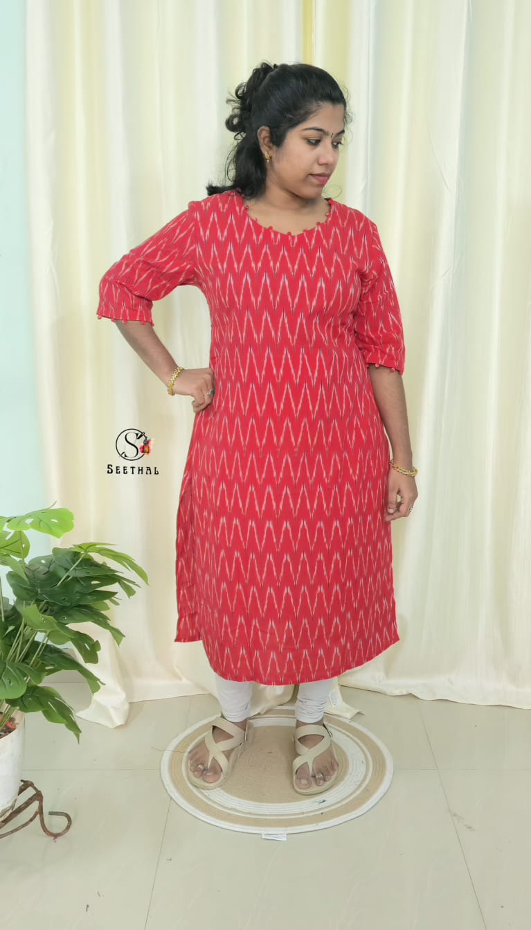 Red Ikkat Cotton Side Slit Kurti with Adjustable Back Corset