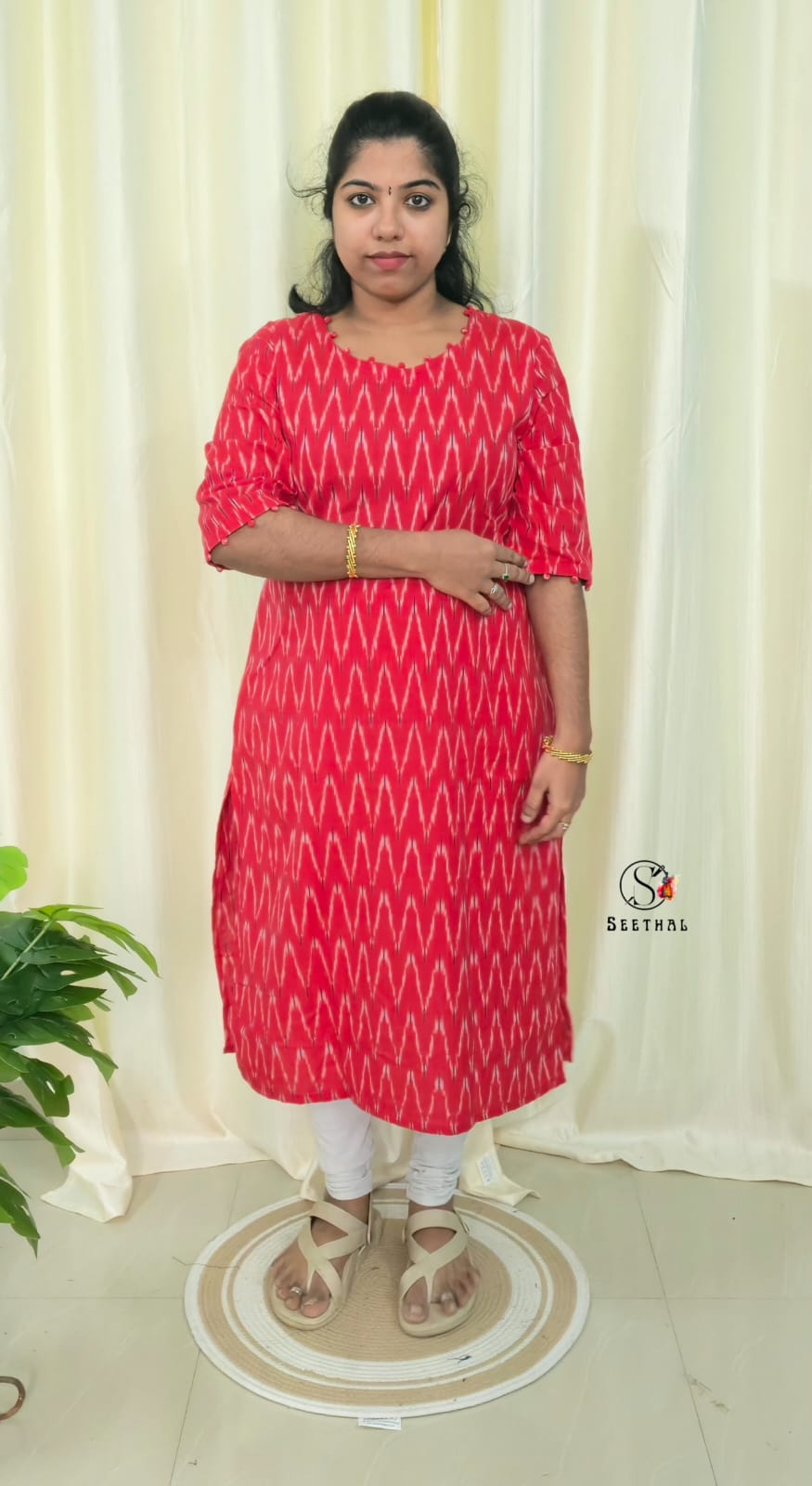 Red Ikkat Cotton Side Slit Kurti with Adjustable Back Corset