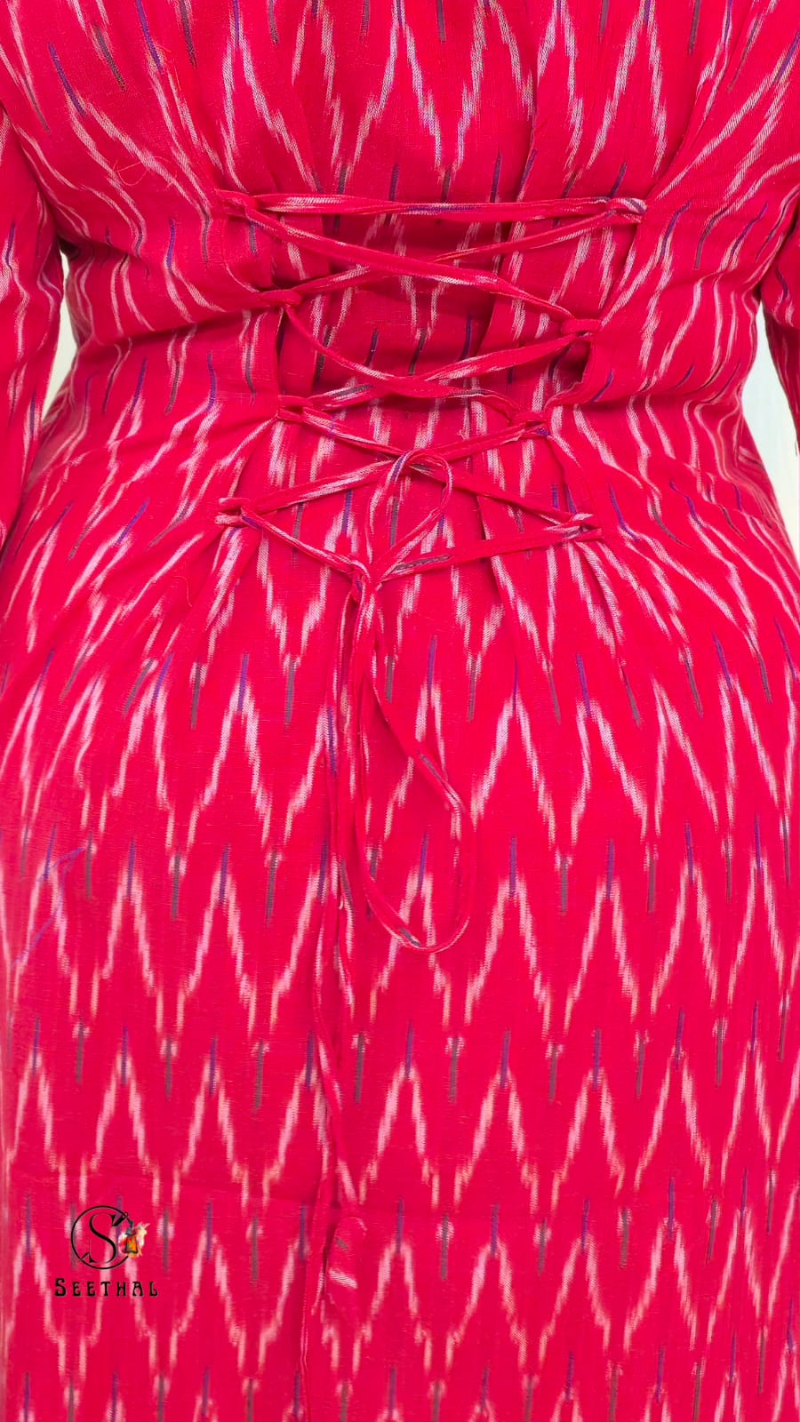 Red Ikkat Cotton Side Slit Kurti with Adjustable Back Corset