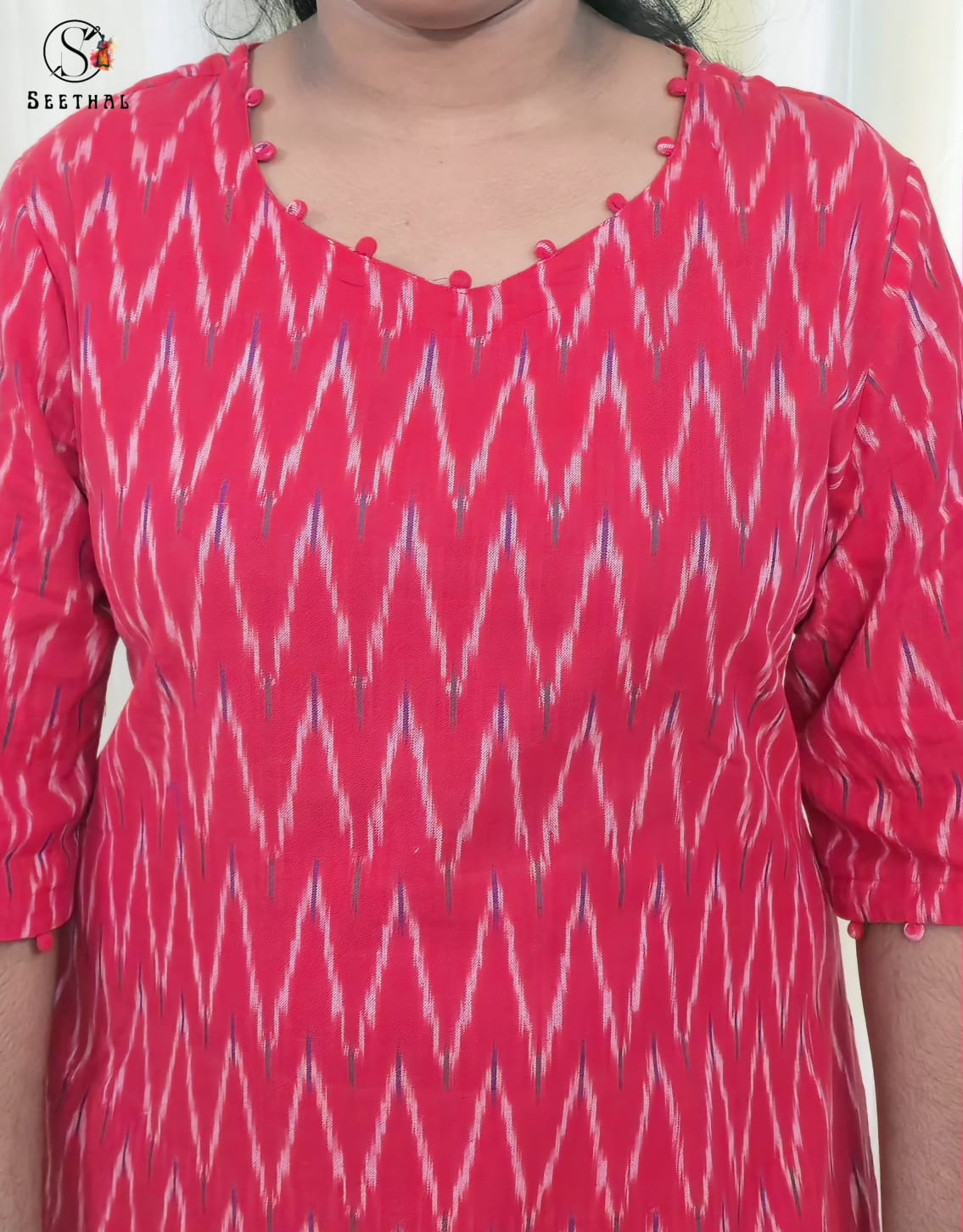 Red Ikkat Cotton Side Slit Kurti with Adjustable Back Corset