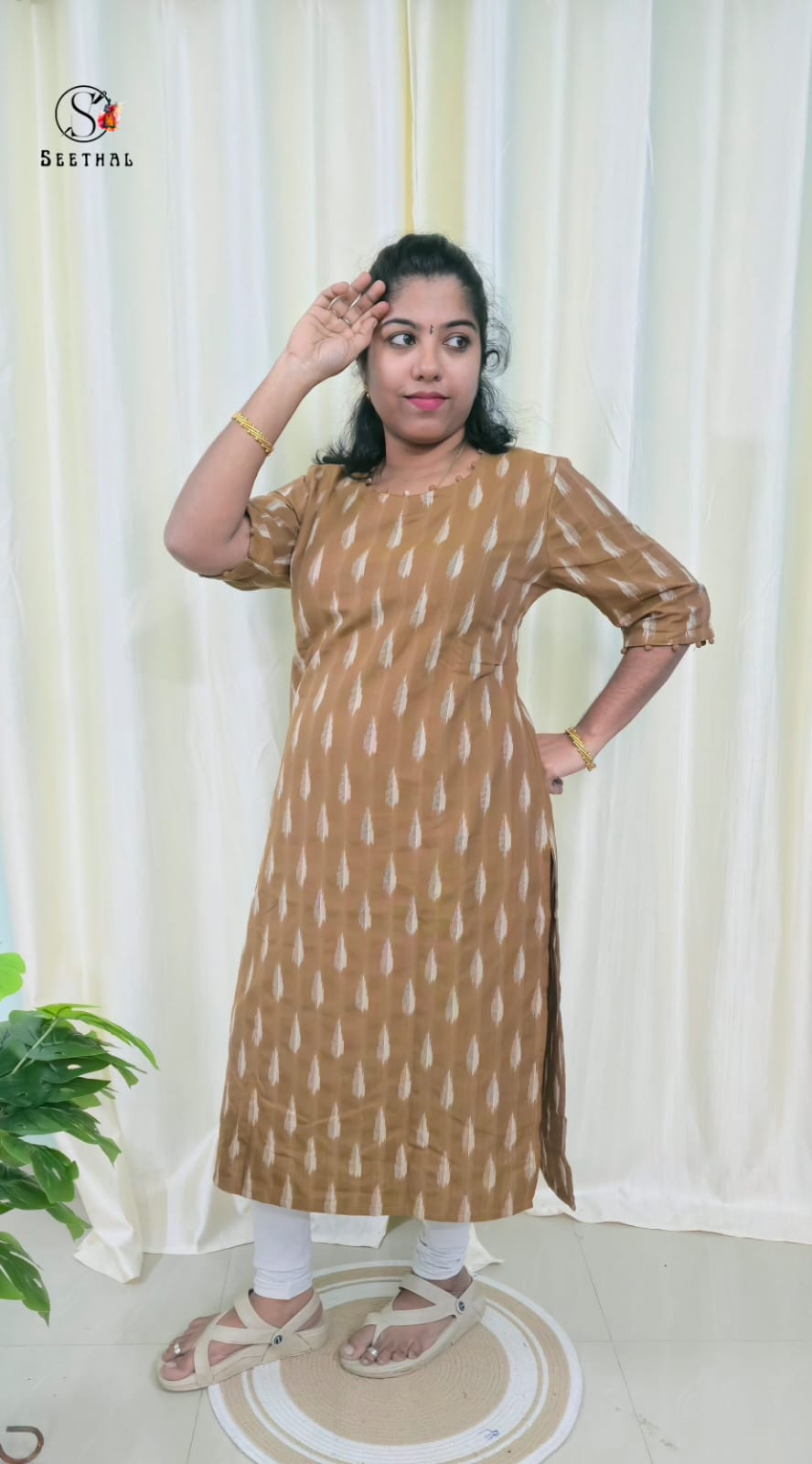 Chocolate Brown Ikkat Cotton Side Slit Kurti with Adjustable Back Corset