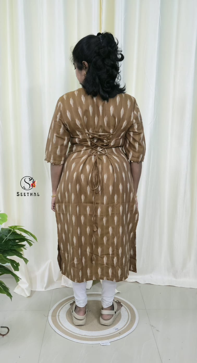 Chocolate Brown Ikkat Cotton Side Slit Kurti with Adjustable Back Corset