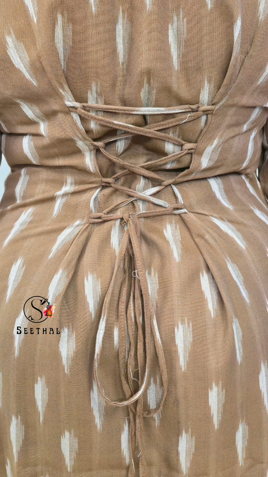 Chocolate Brown Ikkat Cotton Side Slit Kurti with Adjustable Back Corset