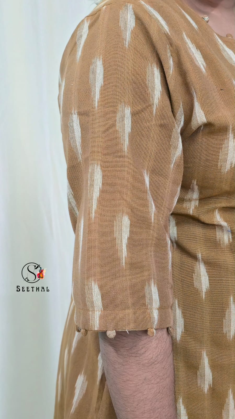 Chocolate Brown Ikkat Cotton Side Slit Kurti with Adjustable Back Corset