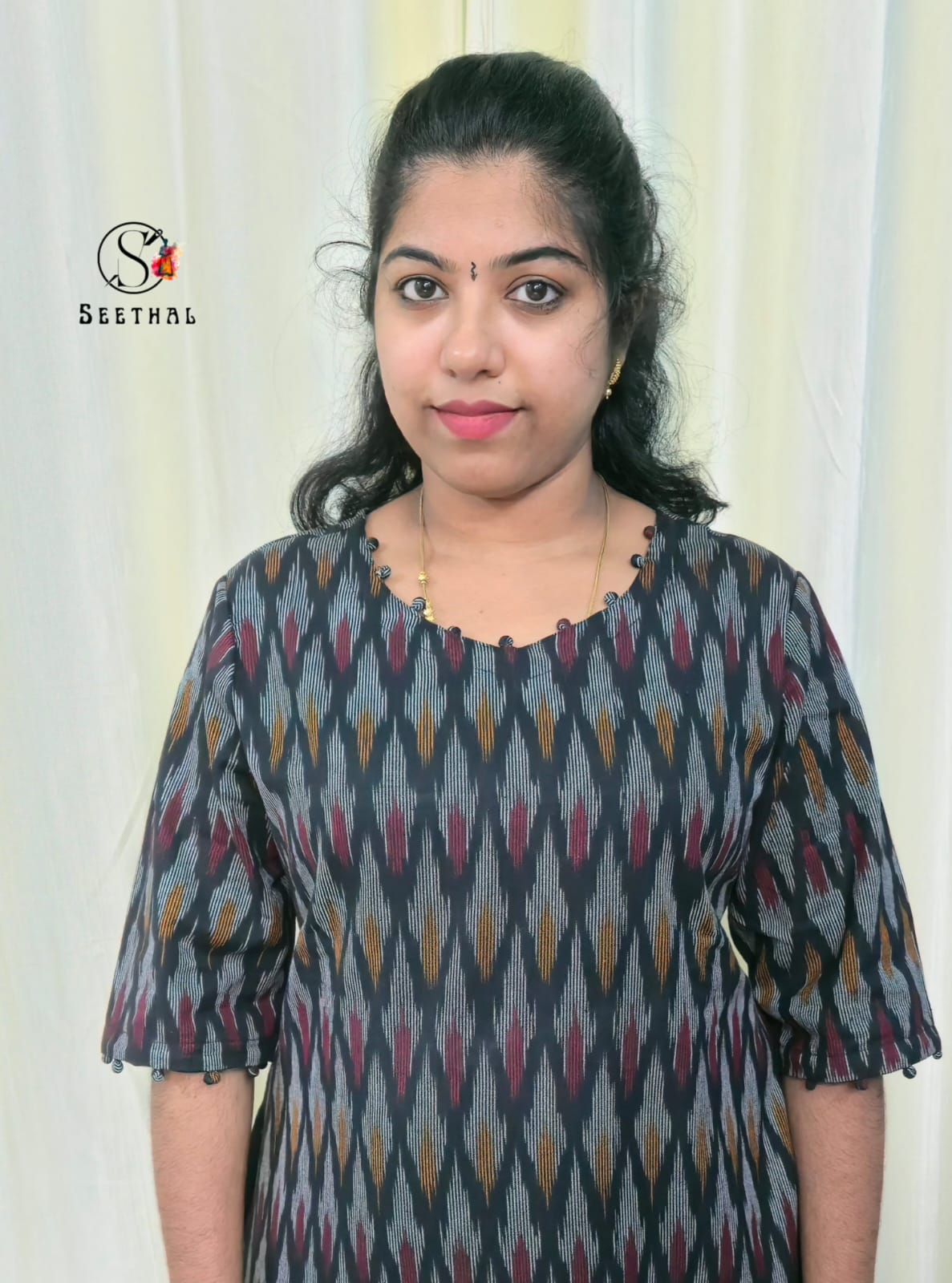 Black Ikkat Cotton Side Slit Kurti with Adjustable Back Corset