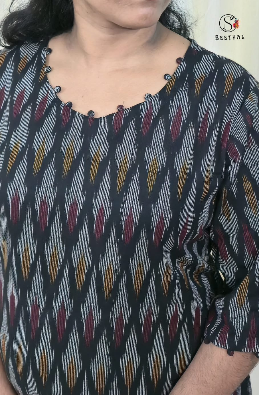 Black Ikkat Cotton Side Slit Kurti with Adjustable Back Corset